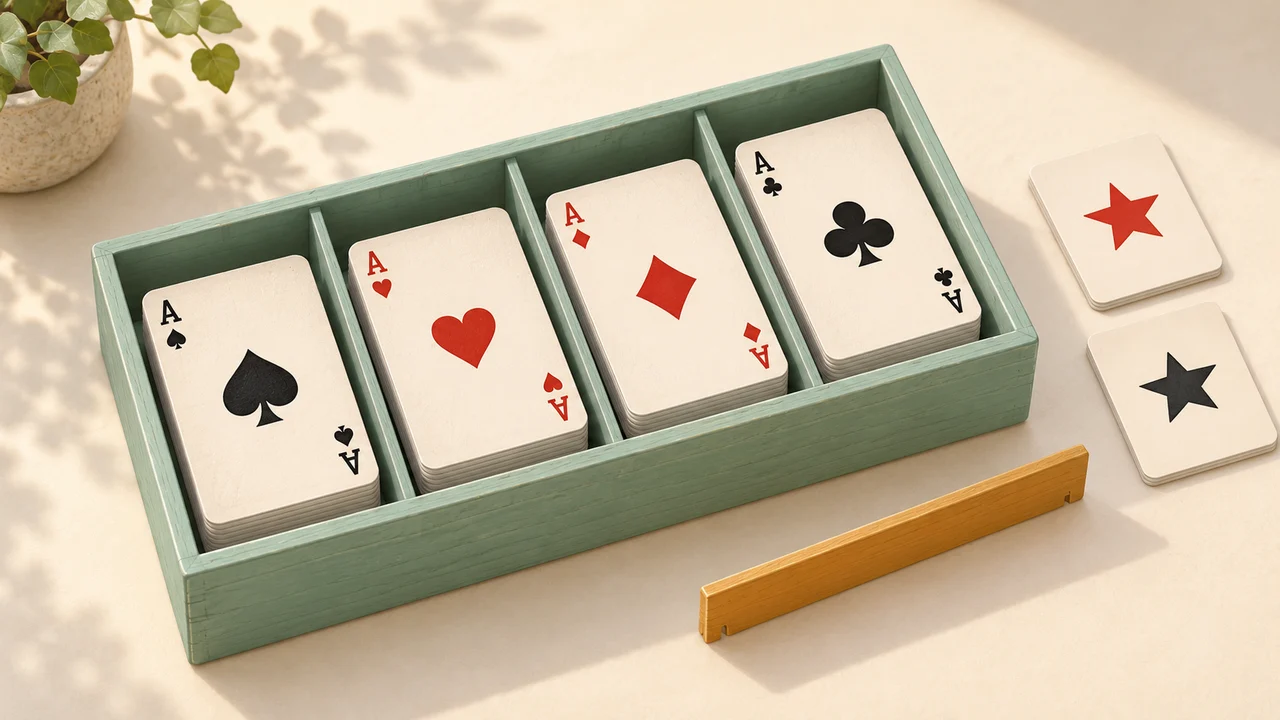 Four small playing-card groups sorted by suit in a mint card organizer with two separate joker markers