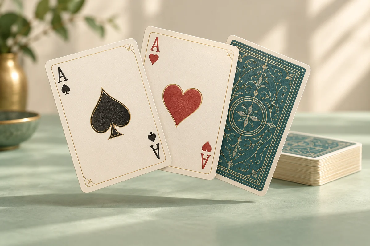 An ace of spades, an ace of hearts and a teal-backed card fanned above a neat deck