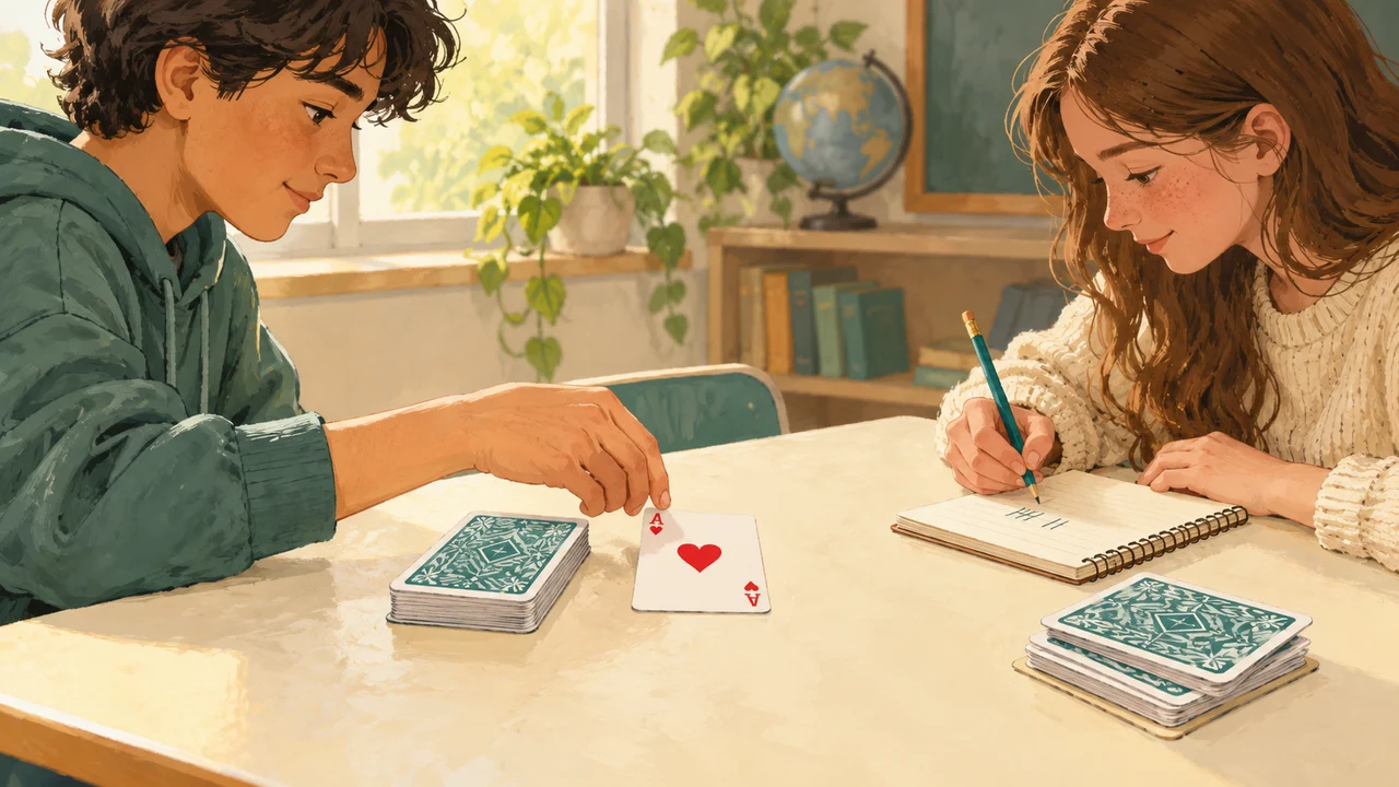 Two learners recording a drawn playing card beside separate draw and used-card piles during a probability activity