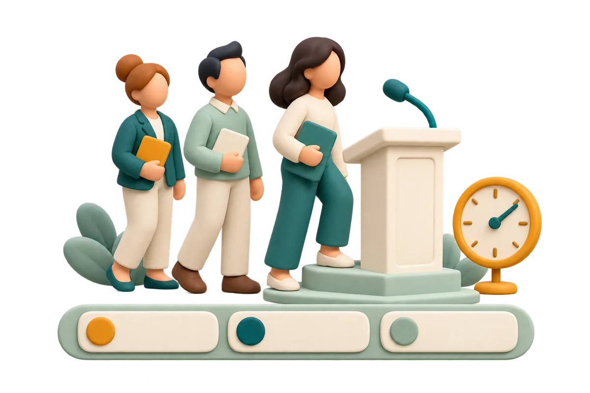 Three presenters approach an ivory lectern beside an amber clock and a strip of blank agenda slots