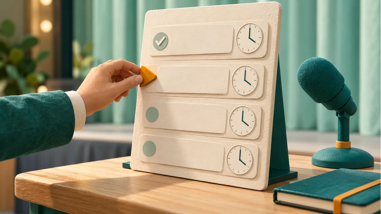 A host moves an amber pointer down a physical running-order board with a completed check and blank speaker strips