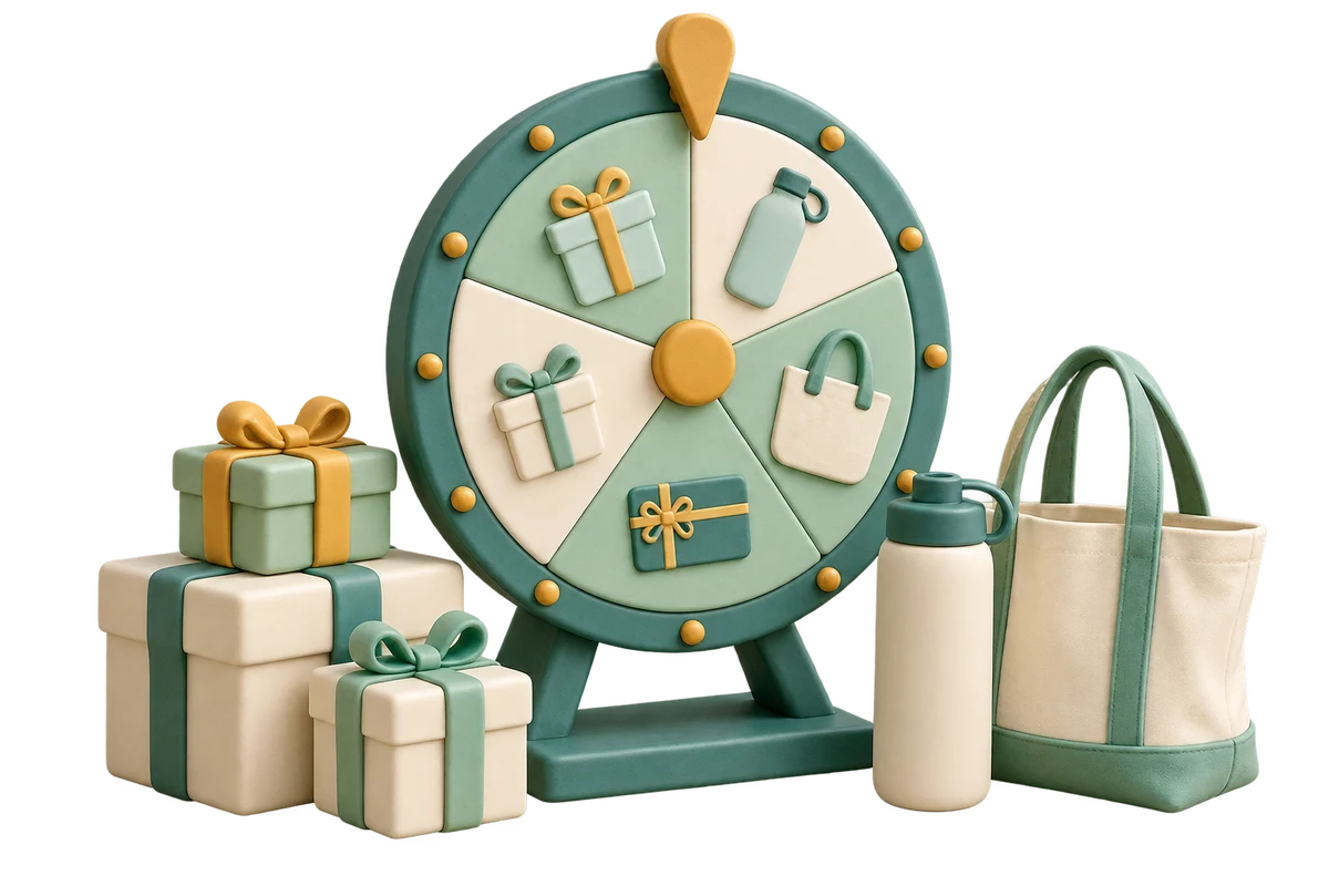 Clay prize wheel beside wrapped gifts, a reusable bottle and an ivory tote bag