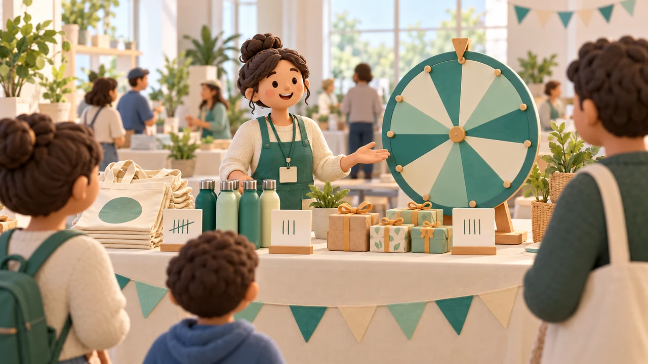 Volunteer at a bright event booth with a prize wheel, physical gifts and stock tally placards