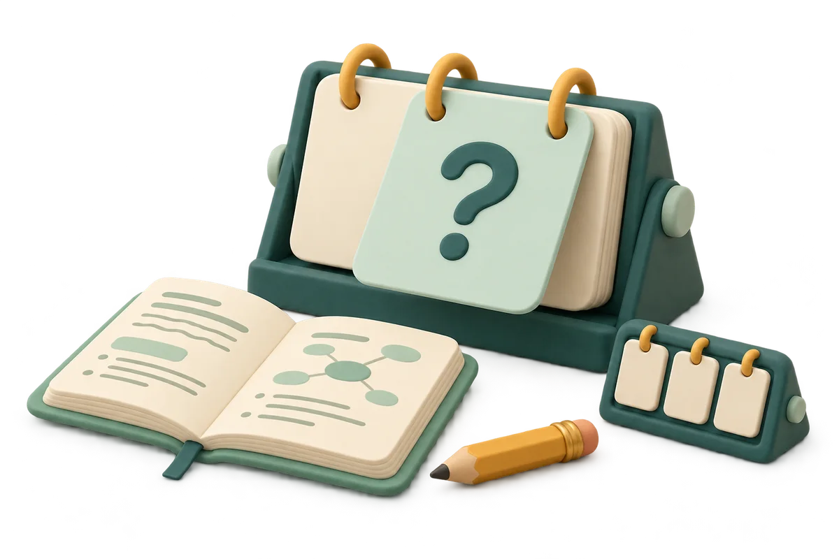 Clay study-card rack turning over a teal question card beside a mint notebook and blank score counter