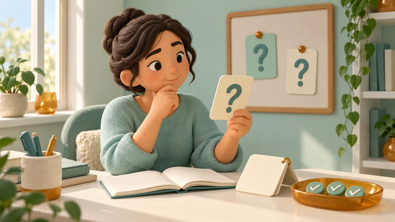 Adult learner reviews a question flashcard beside a face-down answer card and completion checkmarks