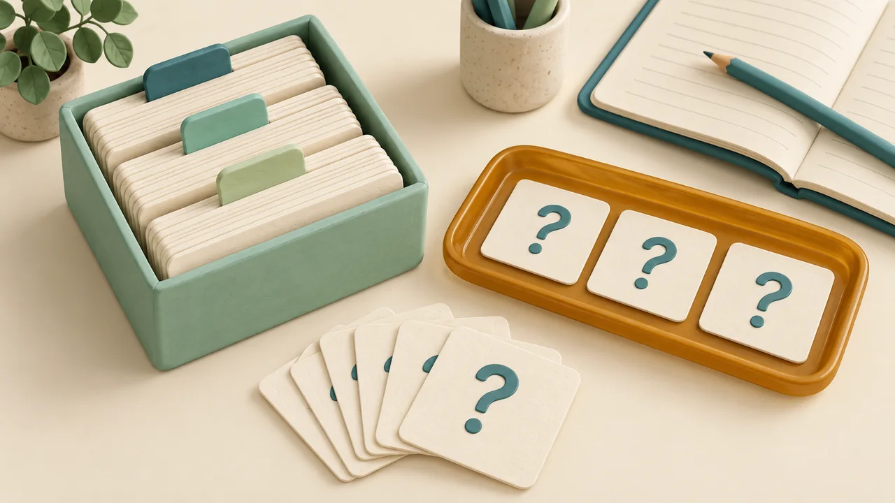 Overhead clay question-card bank with subject dividers and three selected cards in an amber tray