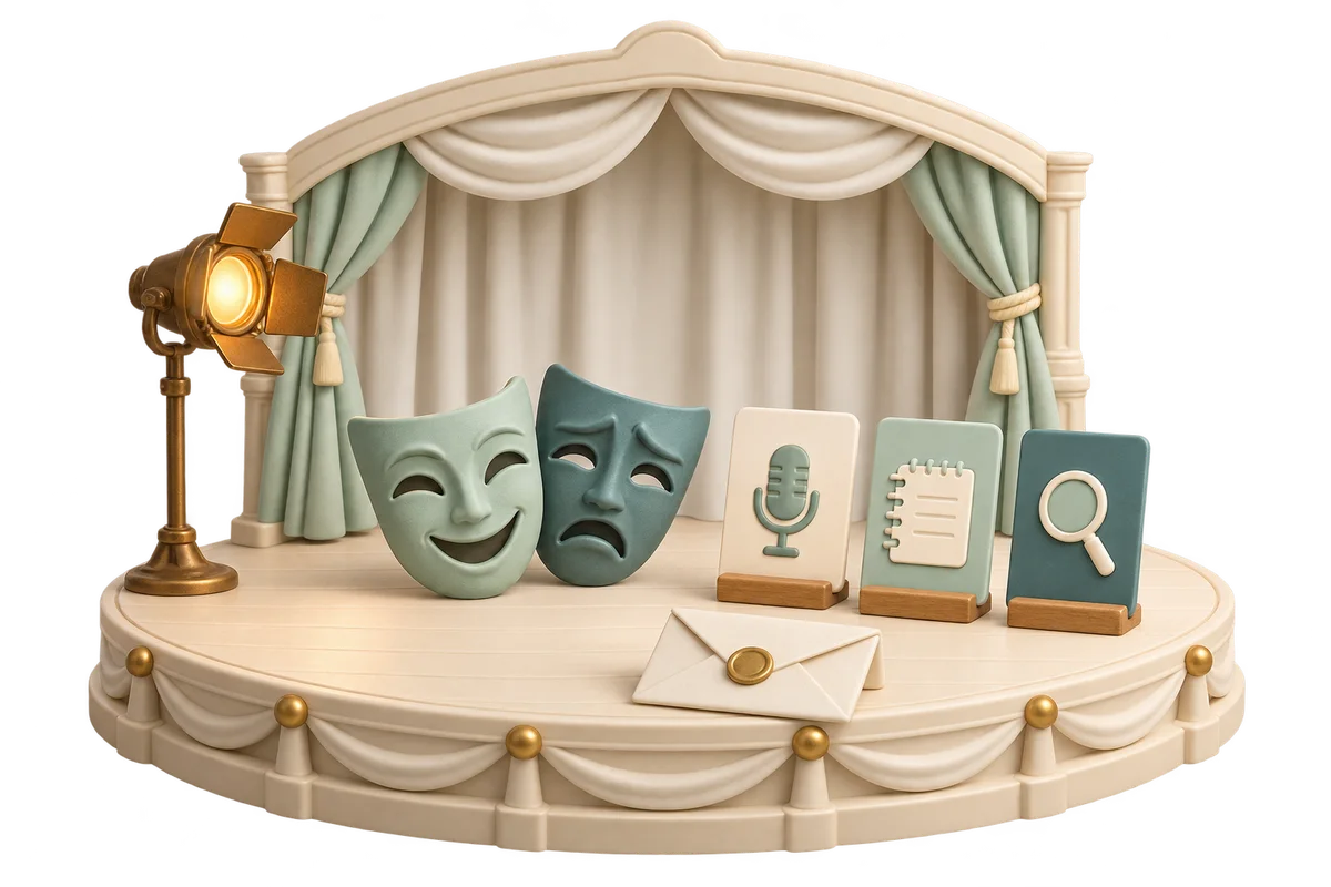 A miniature cream theater stage with teal and mint masks, role-symbol cards and a folded mystery sleeve