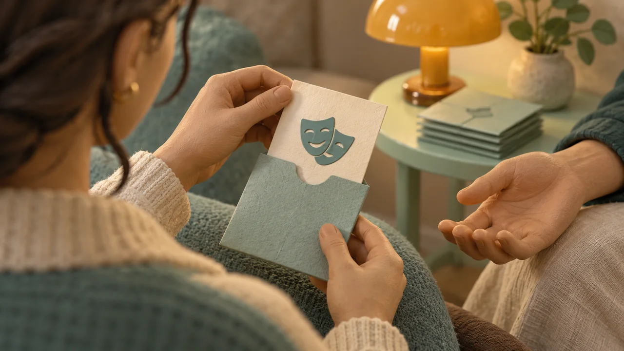 A participant discreetly lifts a theater-mask role card from a sleeve while another hand waits to receive it