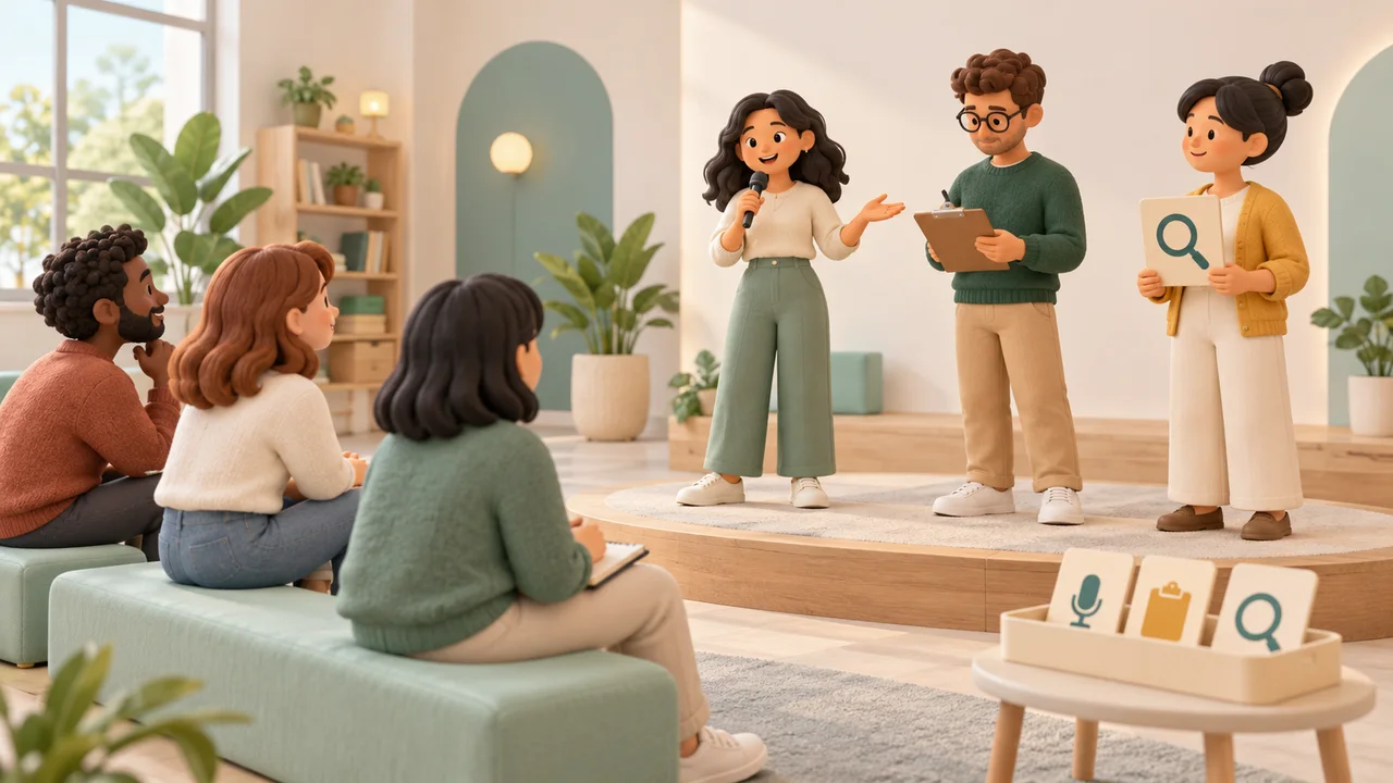 Adults rehearse complementary speaking, note-taking and observing roles in a bright learning studio