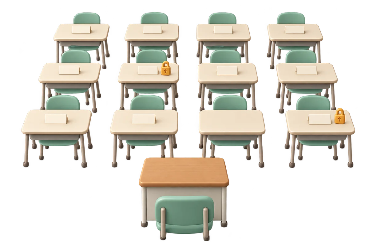 Ivory classroom desks in orderly rows with mint chairs, blank name tents, amber locks and a teacher desk
