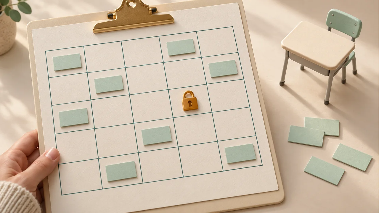A printed classroom grid on a clipboard beside an amber padlock, spare name cards and a miniature mint chair