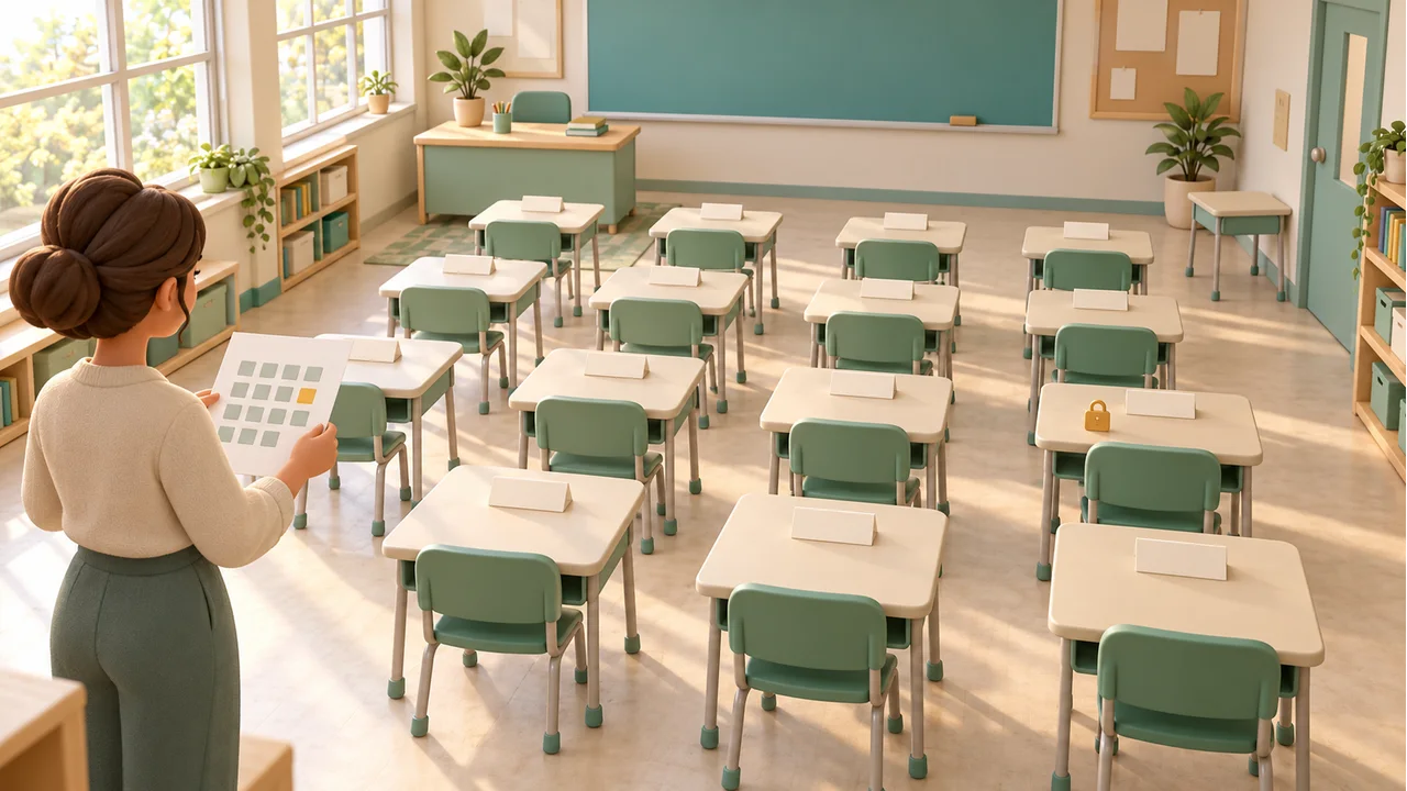 A teacher checks a paper seating grid beside rows of individual classroom desks and a blank teal board