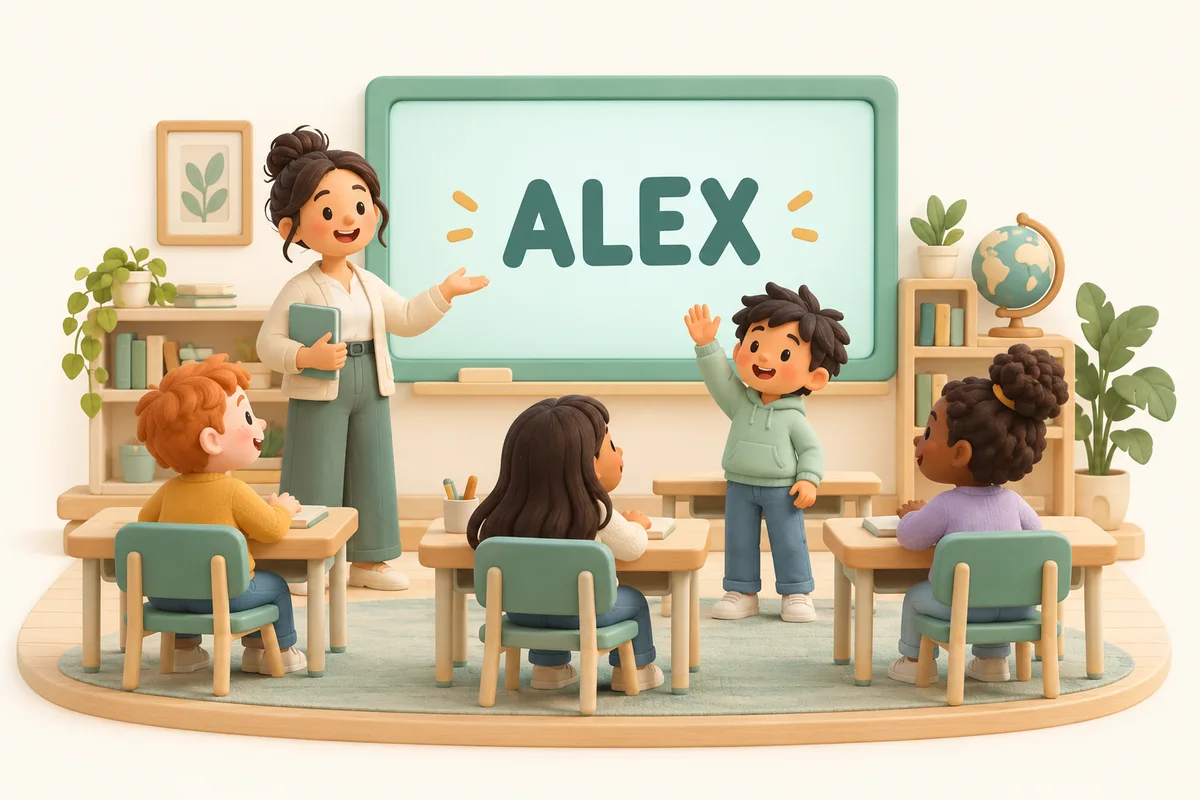 A clay classroom with a teacher, seated students, and a screen displaying the fictional name Alex