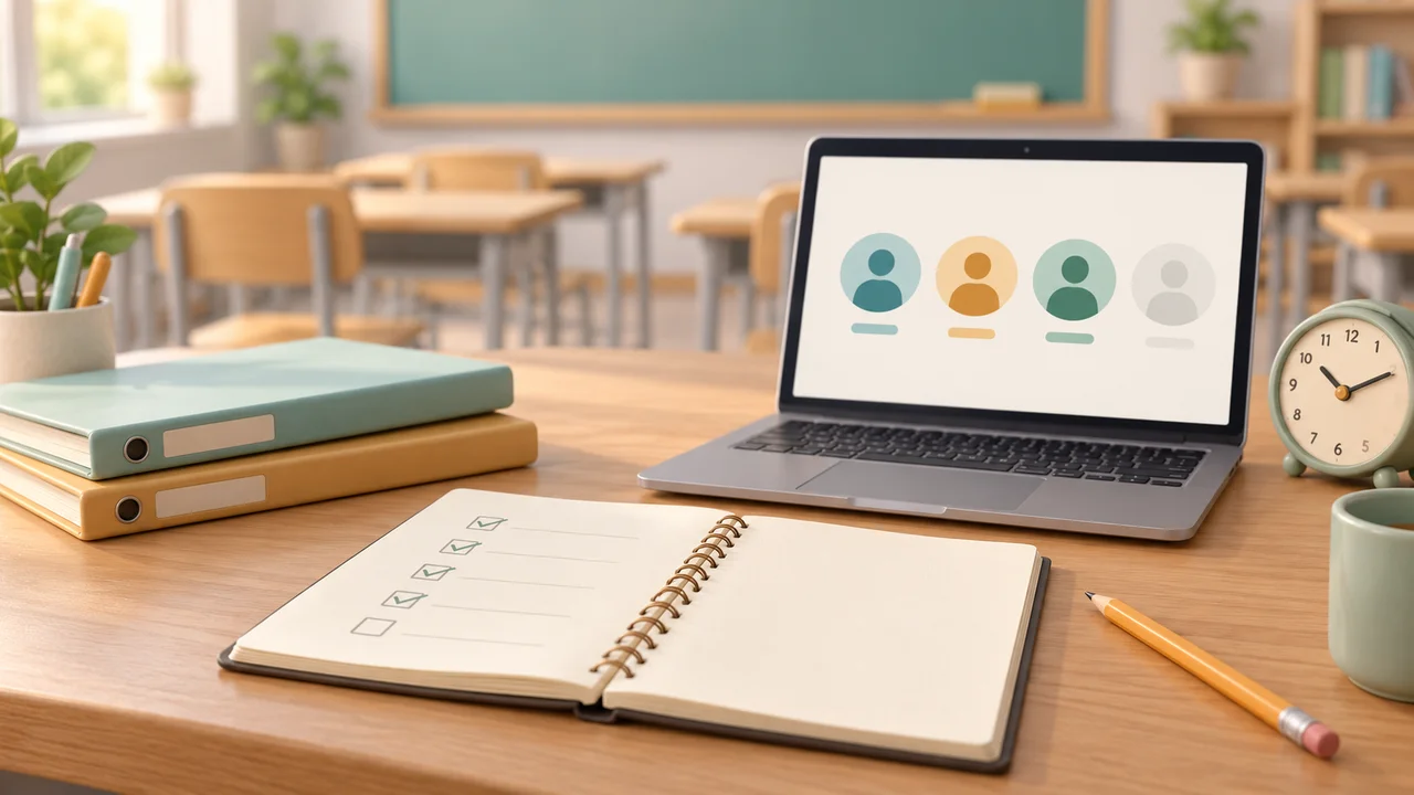 A teacher’s desk with class folders, a check-mark notebook and a laptop showing anonymous student avatars