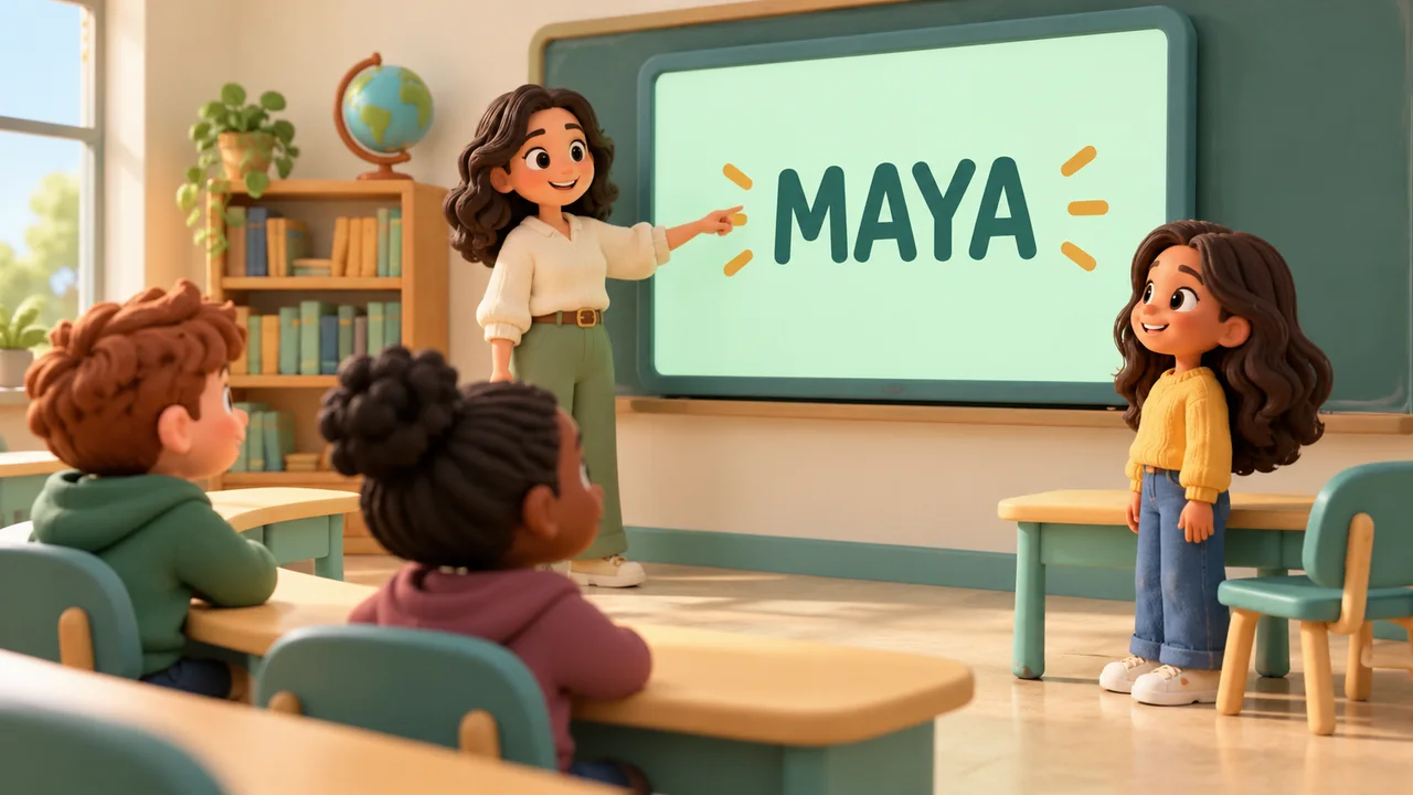 A teacher points to Maya on a classroom screen while a student stands to speak