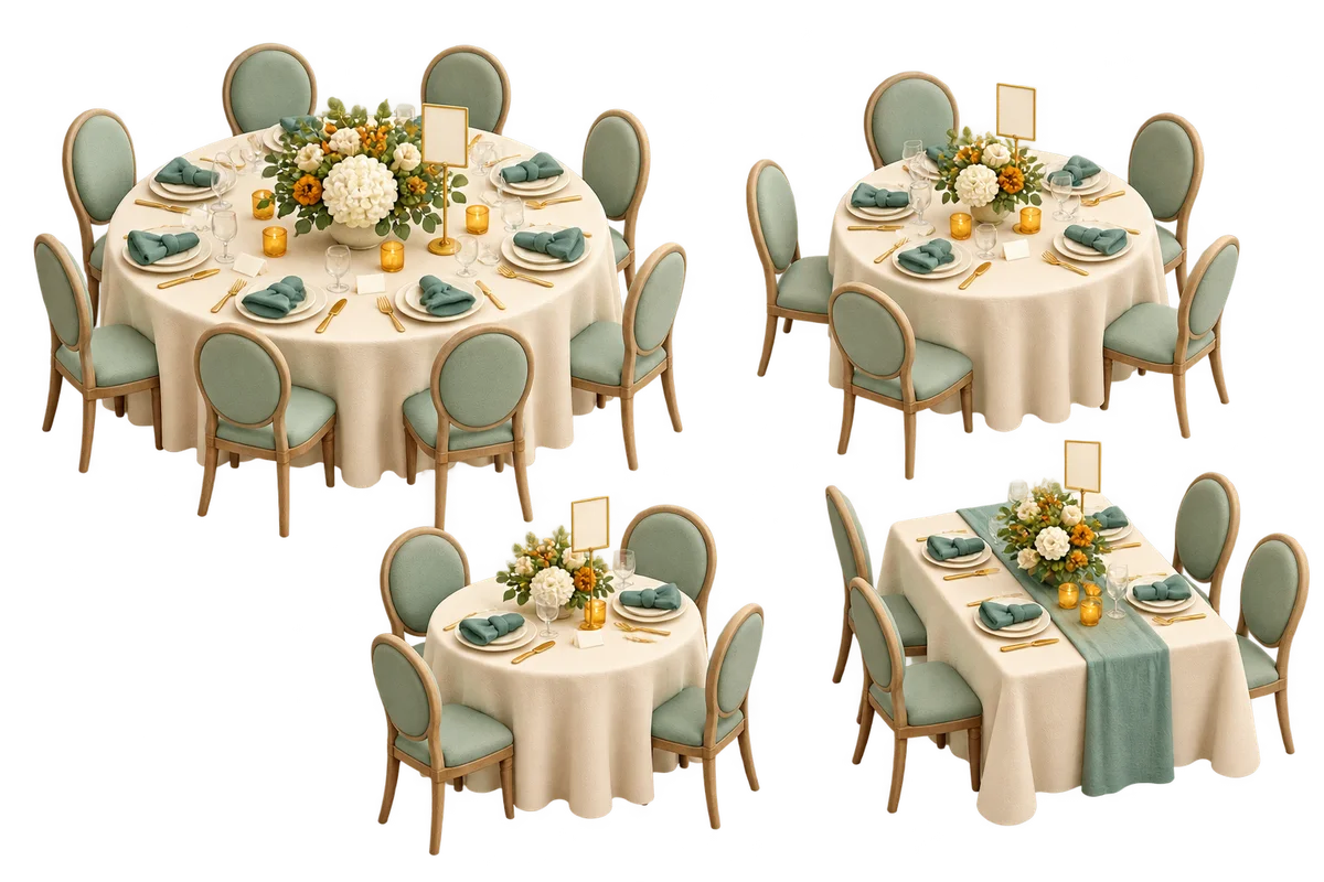 Three round banquet tables of different sizes and one long table with mint chairs, flowers and blank place cards