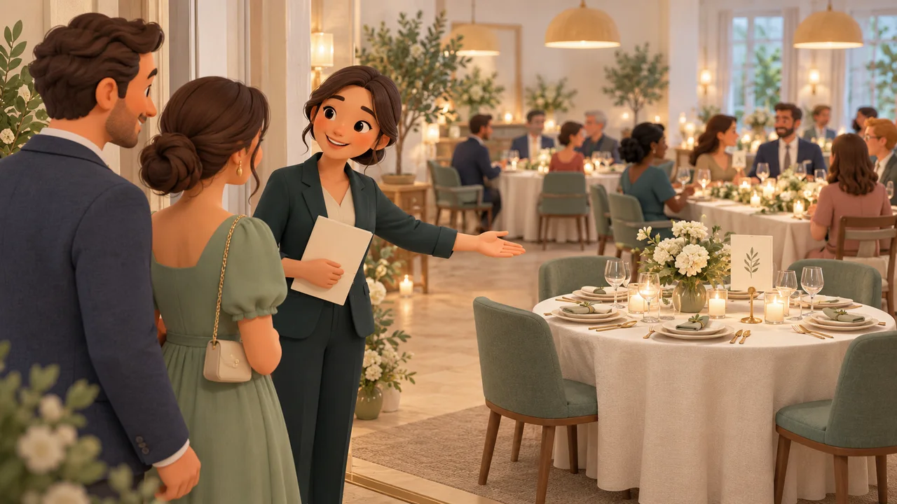 An event coordinator welcomes two dinner guests toward a round table in a softly lit reception room