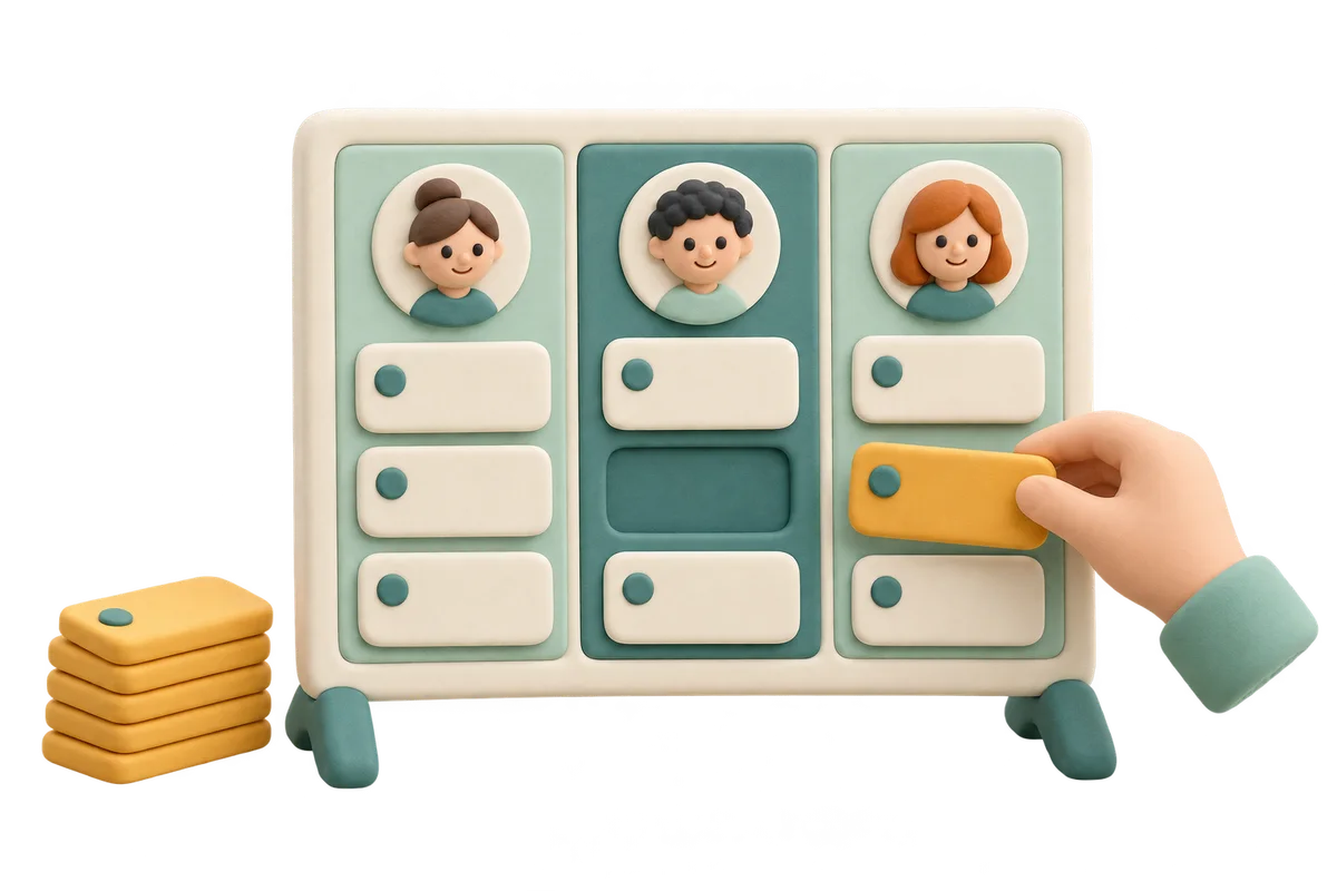Clay project board with portrait columns and a hand placing a task ticket into an available member column