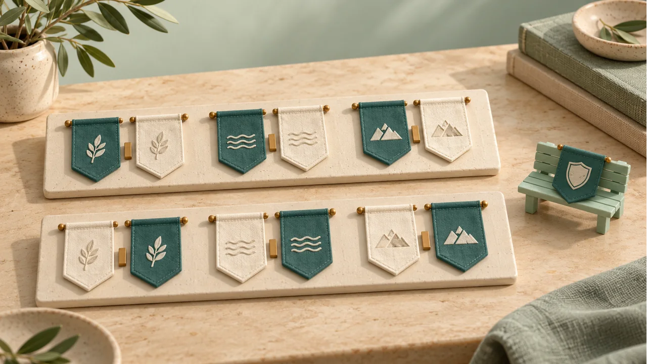Paired teal and ivory home-and-away pennants on two mirrored fixture strips, beside a small resting-team bench marker
