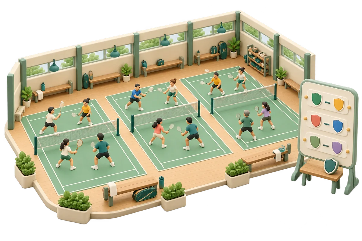 A clay community sports hall with several badminton courts and a round-by-round shield fixture board