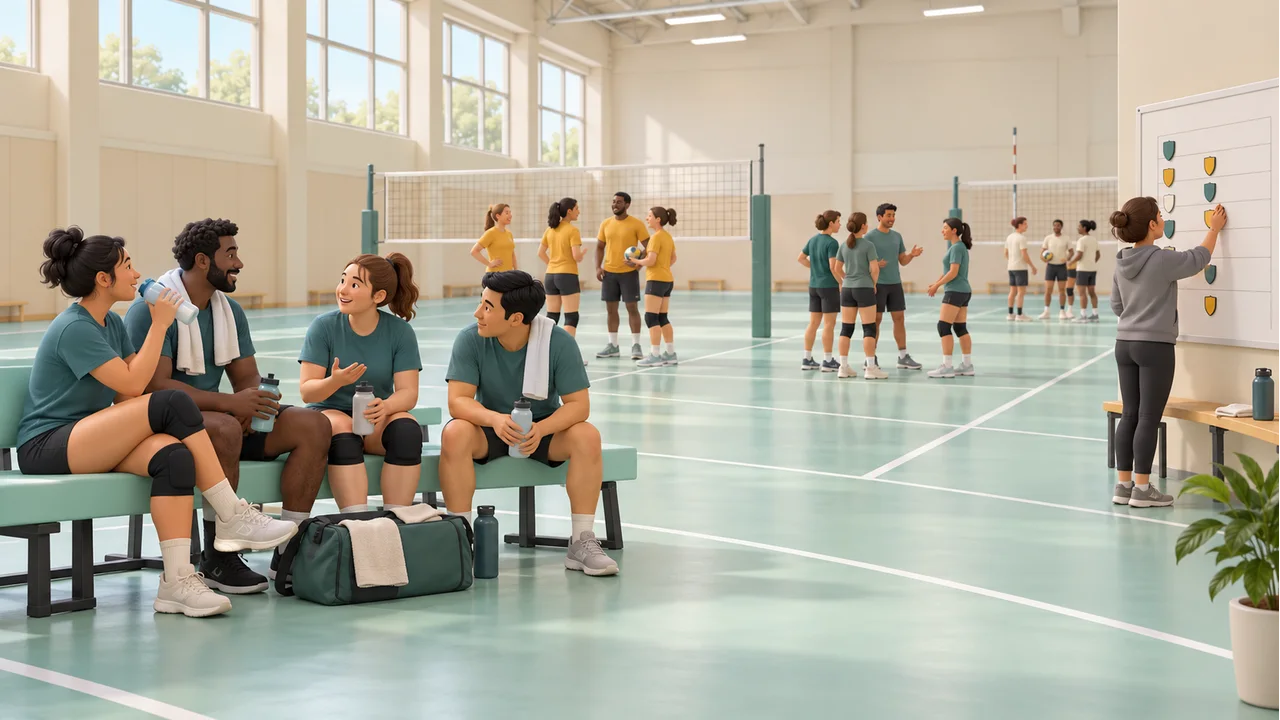 A resting volleyball squad sits on a mint bench while other squads gather on courts and a volunteer updates the fixture board