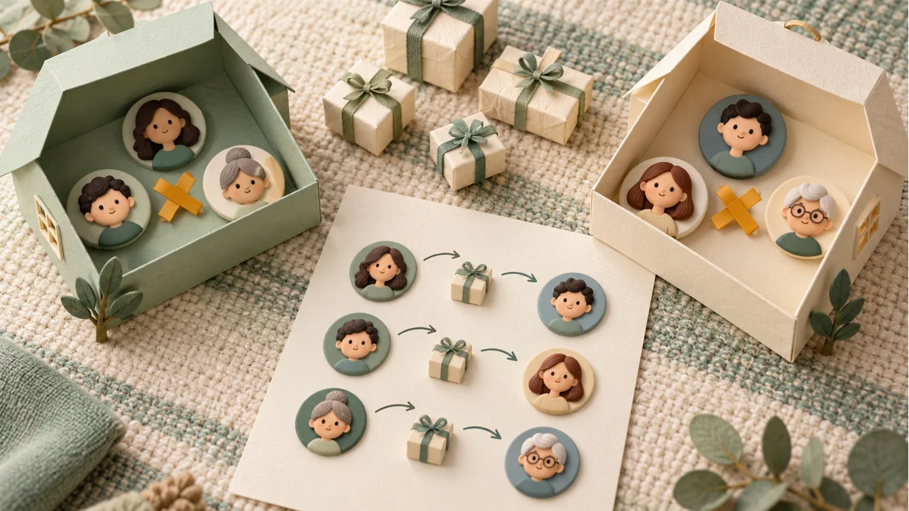 Separate household portrait groups beside a gift-routing worksheet, with internal household pairs marked as unavailable