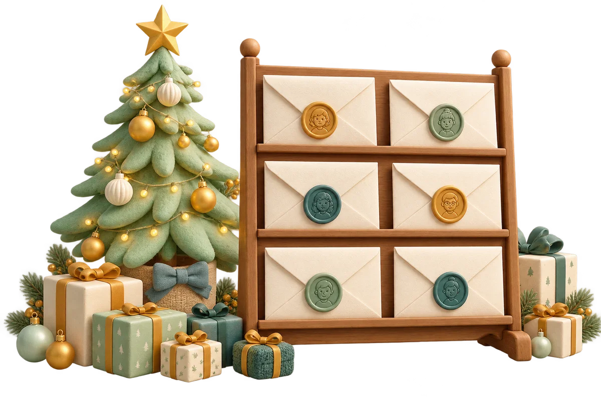 A mint Christmas tree and wrapped gifts beside six sealed portrait-marked envelopes in a wooden mail rack