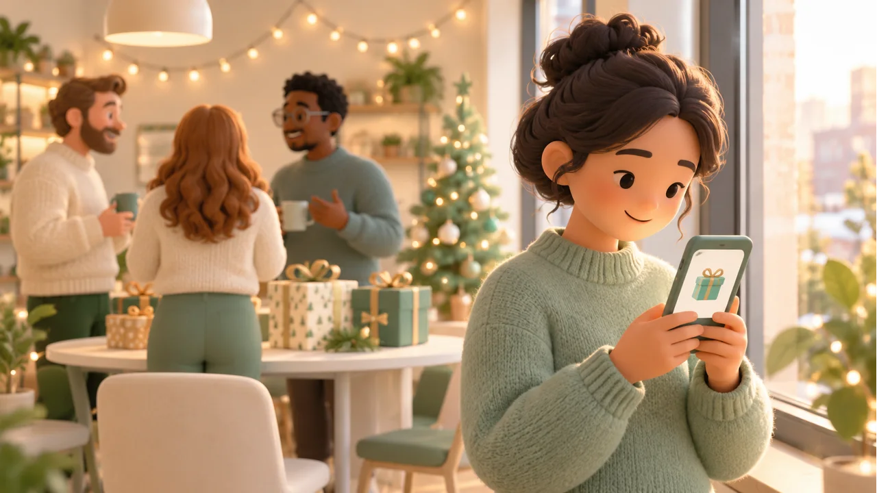 An office participant privately views a gift symbol on a phone while colleagues chat beside a table of wrapped presents