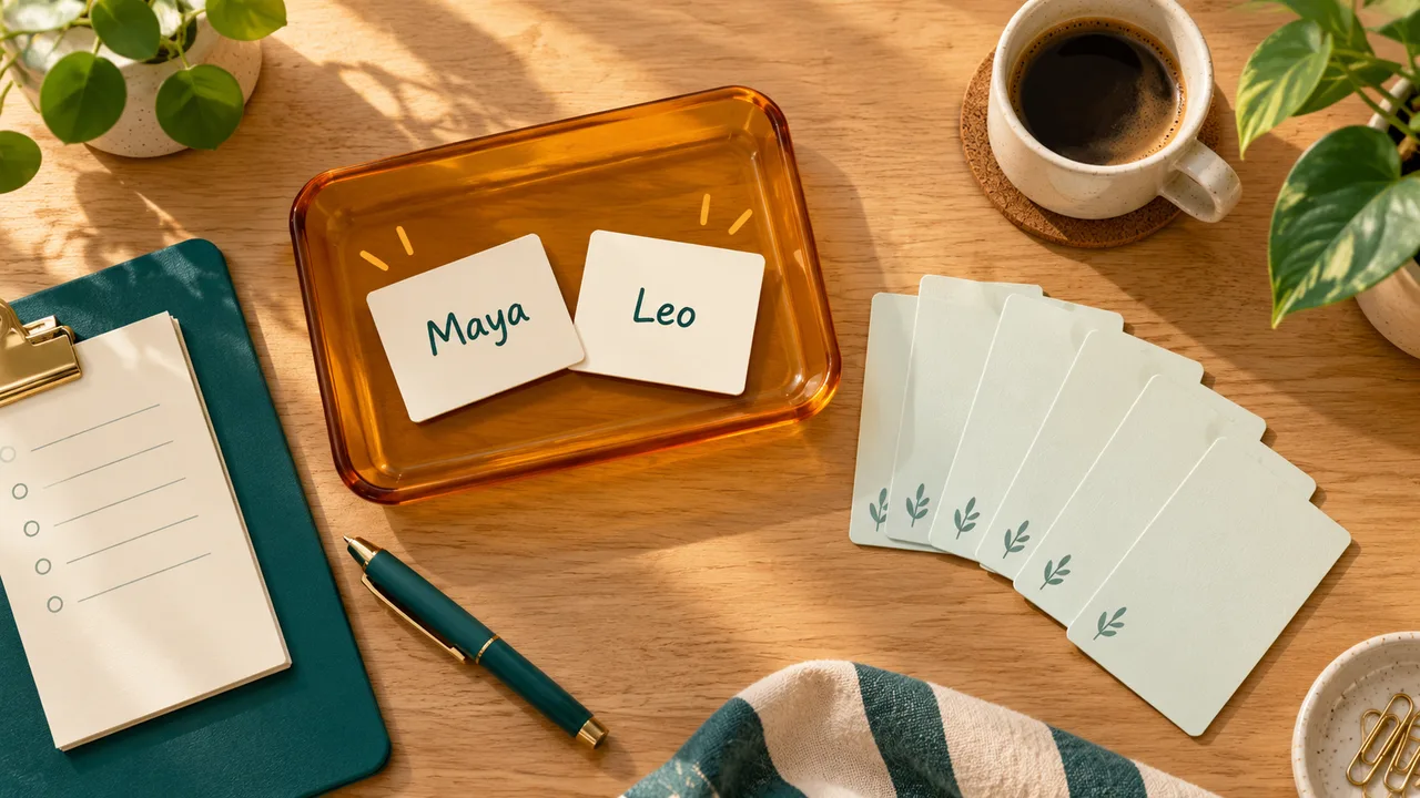 Two selected participant cards in an amber tray, separate from remaining cards