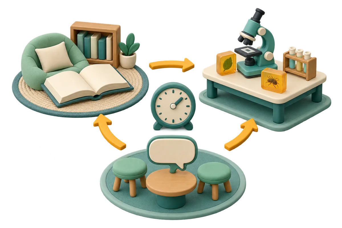 A miniature reading nook, microscope station and discussion area form a learning circuit around a teal clock with amber arrows
