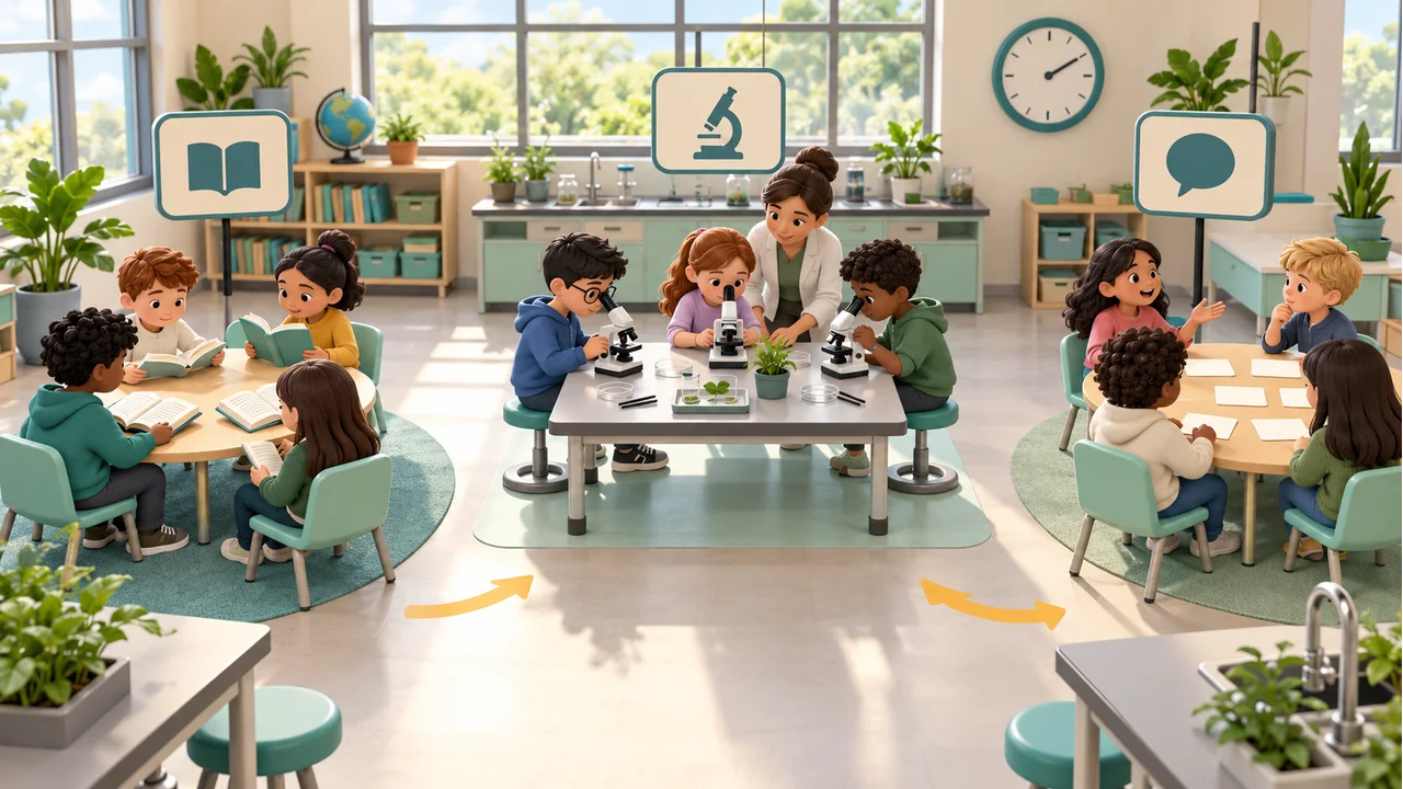 Students work at reading, microscope and discussion stations marked by activity icons while a teacher supervises and floor arrows indicate rotation