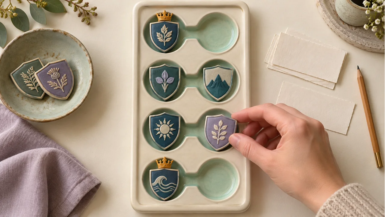 An overhead draw tray with crowned seed shields in opposite halves beside empty mint recesses and other team markers