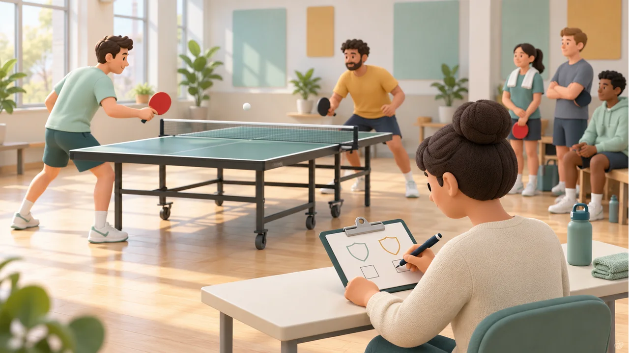 An organizer records a result beside two players competing in a bright community table-tennis hall