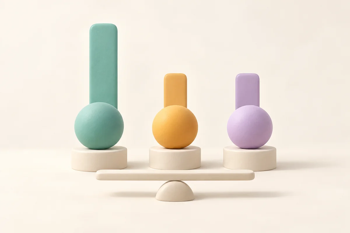 Three clay spheres with vertical probability bars, the teal bar twice as tall as the other two