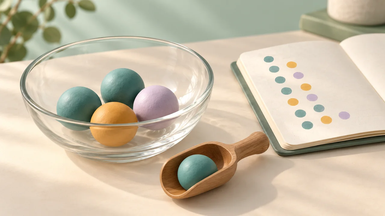 Colored balls in a glass bowl beside a scoop and a notebook recording an irregular sequence of colored marks