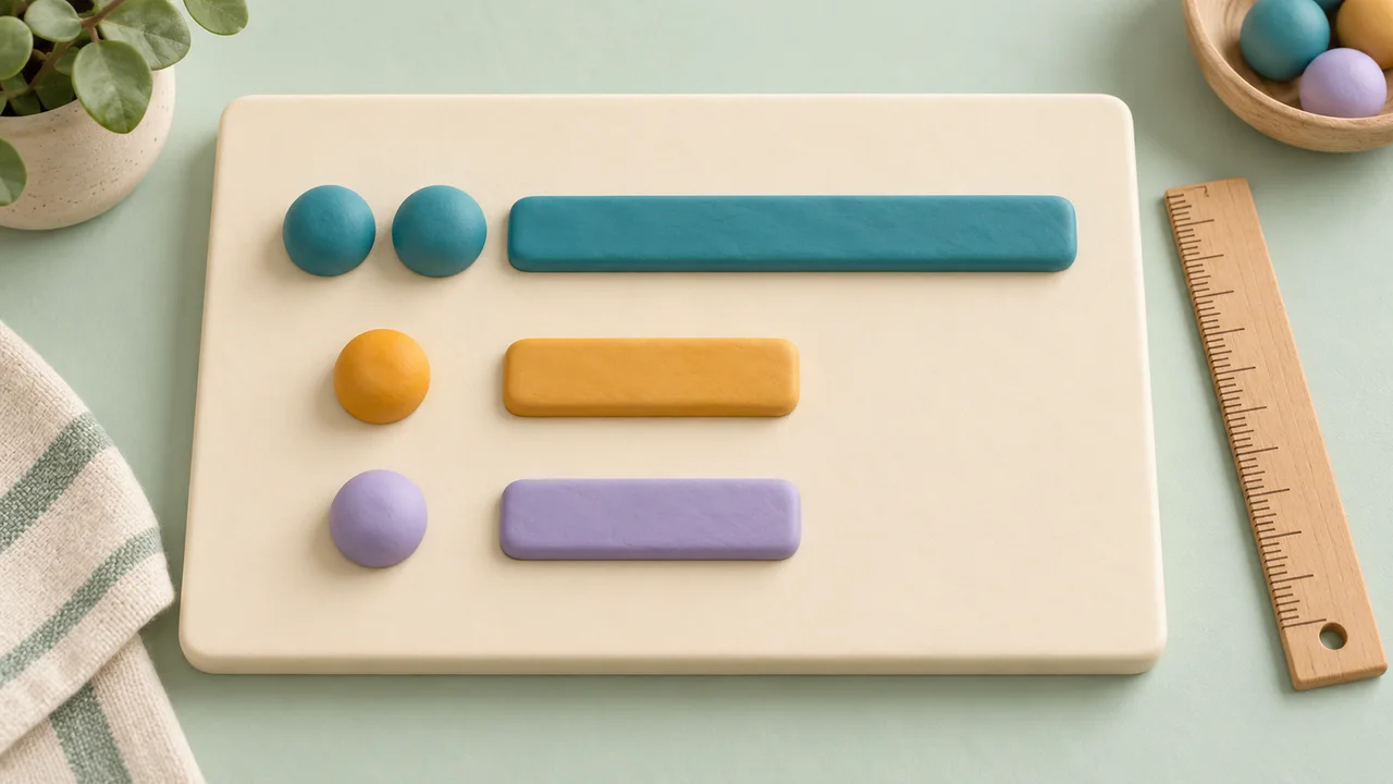 A teaching board with two teal balls, one amber ball and one lavender ball beside bars in a two-to-one-to-one ratio