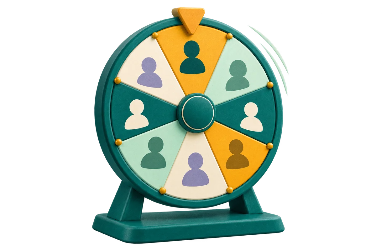 A freestanding teal and amber wheel with portrait symbols and a fixed pointer