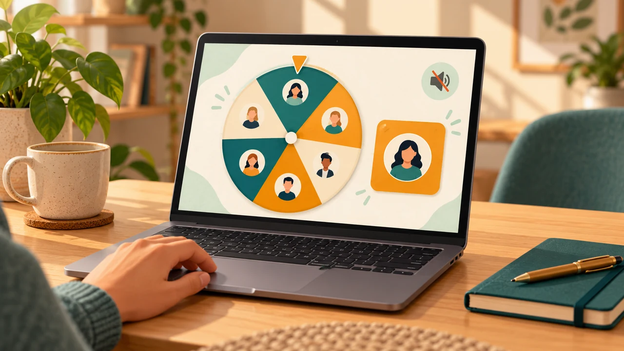 A laptop showing a teal and amber wheel with a muted speaker symbol on a quiet meeting desk.