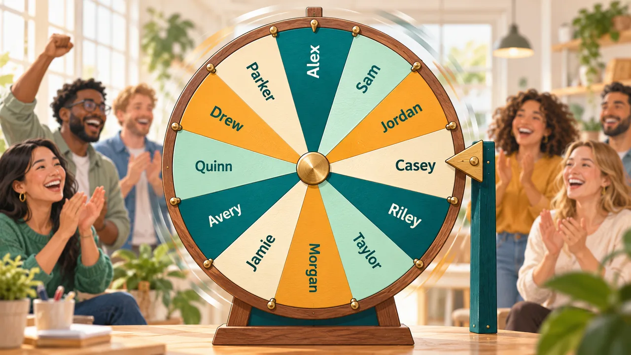A large teal and amber name wheel with a fixed pointer in front of a cheering workshop audience