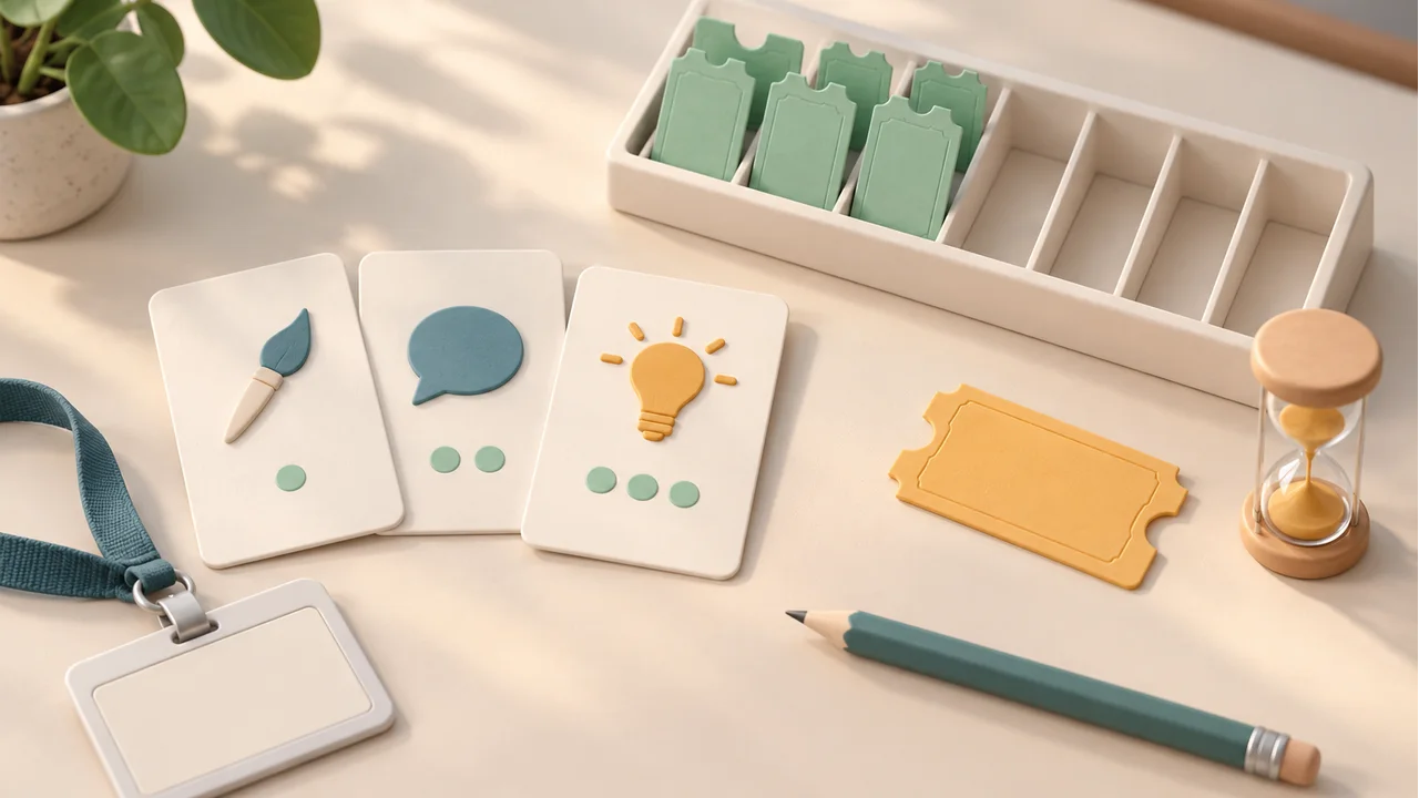 Ranked topic choice cards beside limited session admission tokens and a separate waiting-request marker